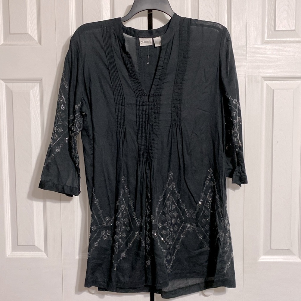 Chicos black Cotton Sequined lightweight boho beach cover Dress tunic top XL - Picture 2 of 16
